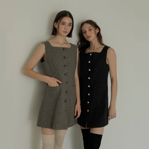 Square-neck Button Mini Dress Khaki Beige