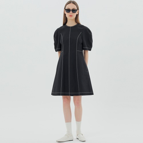 Puff Sleeve Mini Linen Dress Black